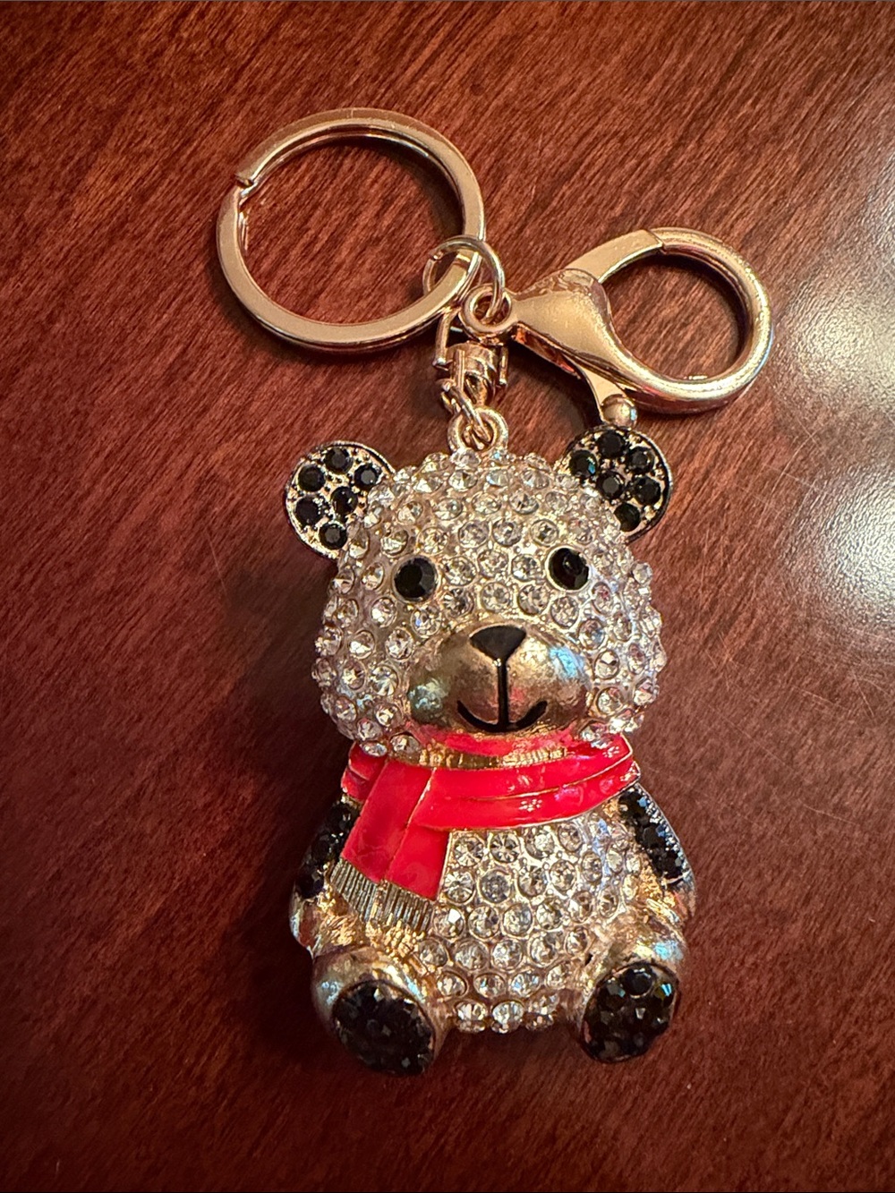 Gold Crystal Teddy Bear Keychain with Red Scarf